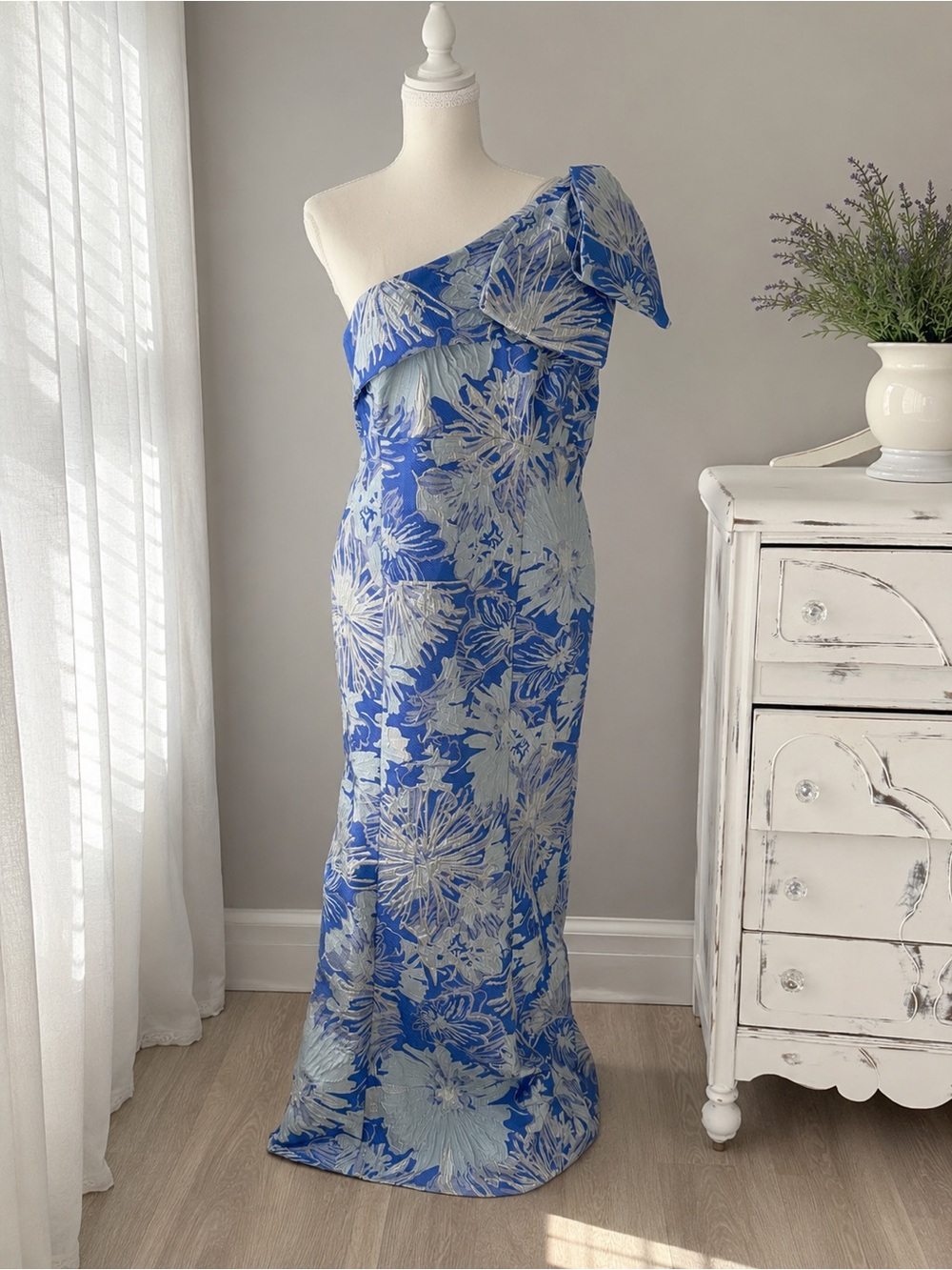 Donna Karan Gown 16 Blue Silver Metallic Floral Brocade Shoulder Bow NWT $359